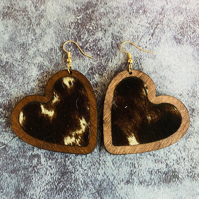 Wholesale  Valentine' s Day Genuine Leather Earrings Love Leopard Horse Hair Inlaid Wooden Earrings