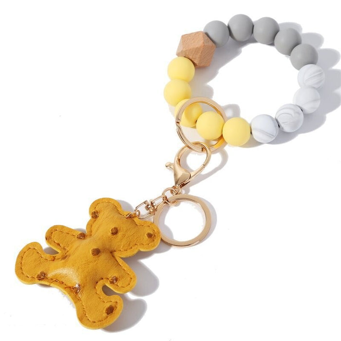 Wholesale Off-white Brown Plaid Bear PU Leather Silicone Beaded Wrist Keychain JDC-KC-HTong003