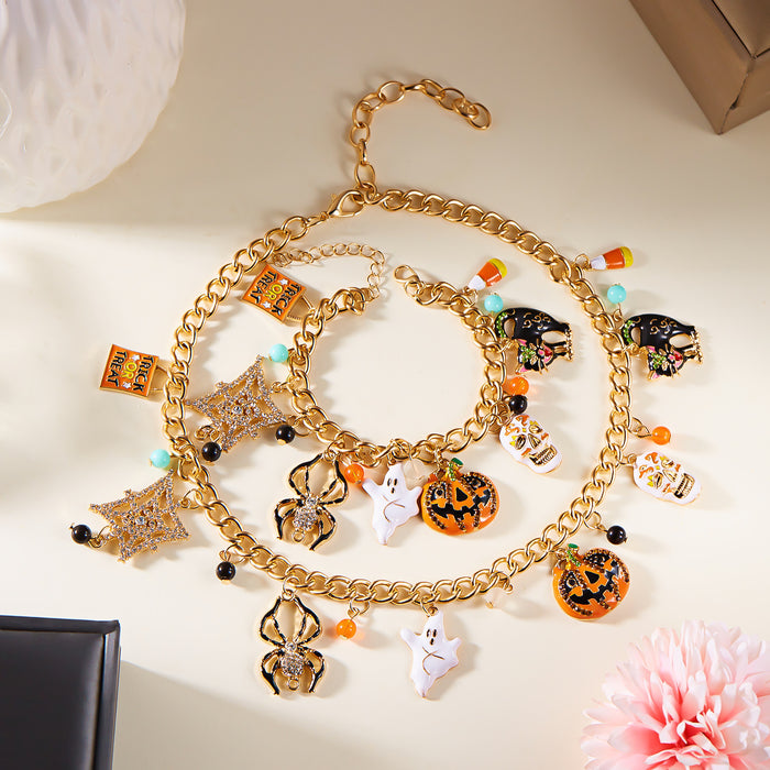 Wholesale  Pumpkin  Skull Necklace Bracelet Creative Ghost Black Cat Diamond Jewelry Set