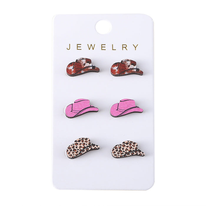 Wholesale Western style leopard print cow pattern turquoise pattern cowboy hat earring set wooden earrings gift