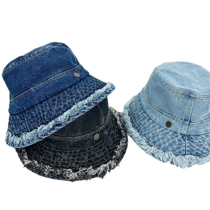 Wholesale Fashionable fringed denim hat, washed and worn fisherman hat, sun shading hat, sun protection versatile hiking hat