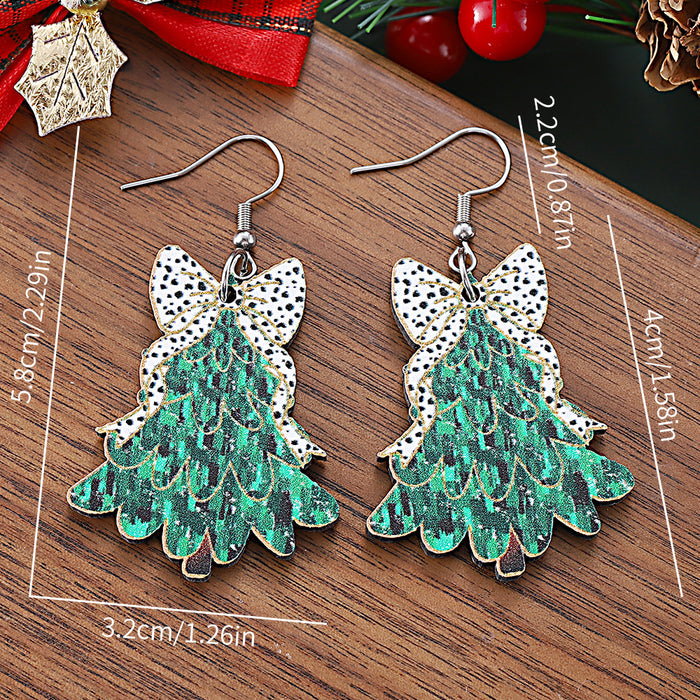 Wholesale Christmas cow print bow Christmas tree drop earrings
