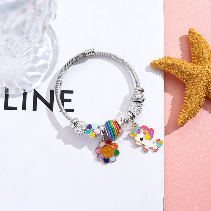 Wholesale Stainless Steel Unicorn Sunflower Pendant Opening Adjustable Beaded Bracelet