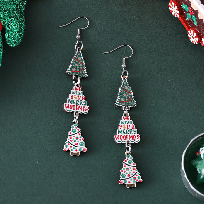 Wholesale Christmas Color Dog Claw Christmas Tree Plaid Snowflake Triple Pendant Earrings Wooden Double-sided Earrings