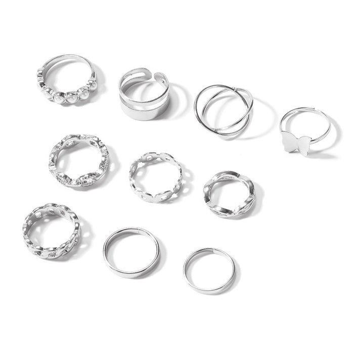 Wholesale Jewelry Simple Pearl Ring Butterfly Alloy Ring Set 10 Piece Set Batch