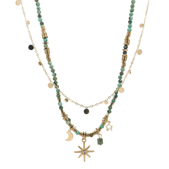 Wholesale green beaded star moon necklace versatile niche double-layer chain hot beaded