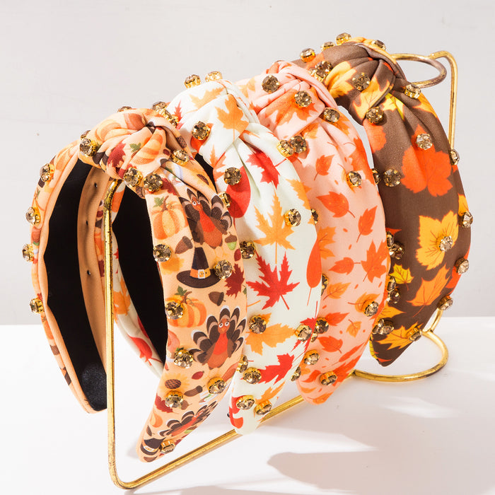 Wholesale Turkey Maple Leaf Rhinestone Printed Wide Edge Knot Hair Headband