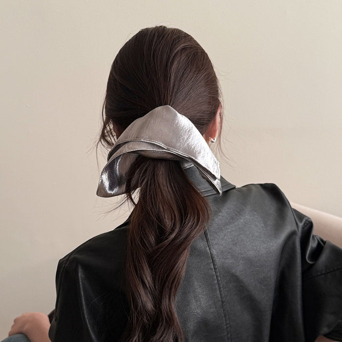 Wholesale Bright silk fabric silver square scarf headband, low ponytail headband, oversized retro square headpiece headband