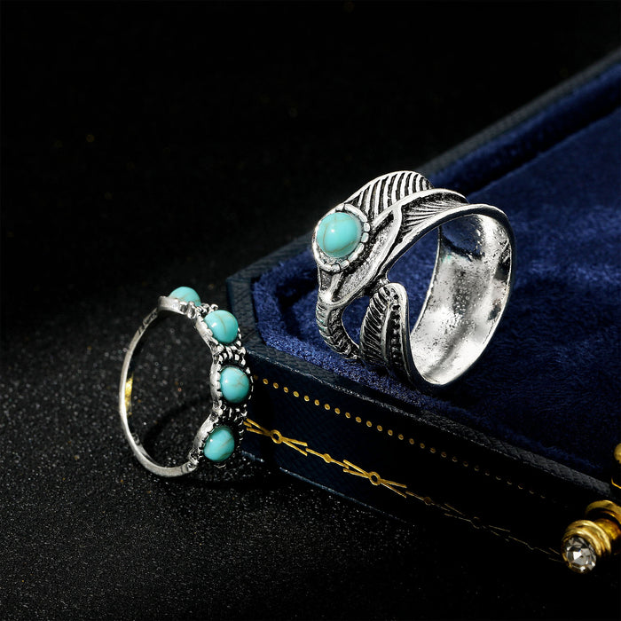 Wholesale 2pcs Retro Personalized Turquoise 2-Piece Set Rings