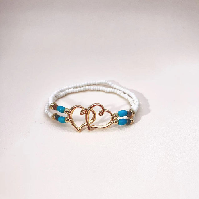Wholesale Beach Vacation Style Double Heart Beaded Jewelry Set Alloy Necklace and Bracelet MOQ≥2