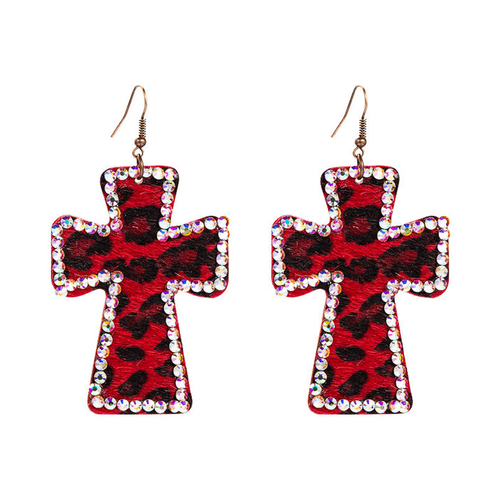 Wholesale Cross-print leather leopard print Statement Earrings