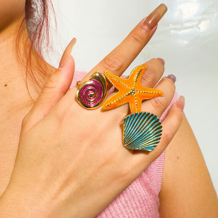 Wholesale Alloy Starfish Shell Ring Set Ocean Vacation Style Drip Oil Jewelry Boutique Resale MOQ≥5