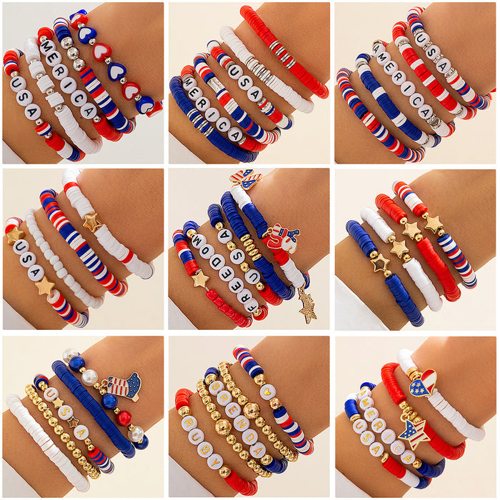 Wholesale American Independence Day Stretch Star Flag Contrast Color Polymer Clay Beaded Letter Bracelet JDC-BT-DaoNi003