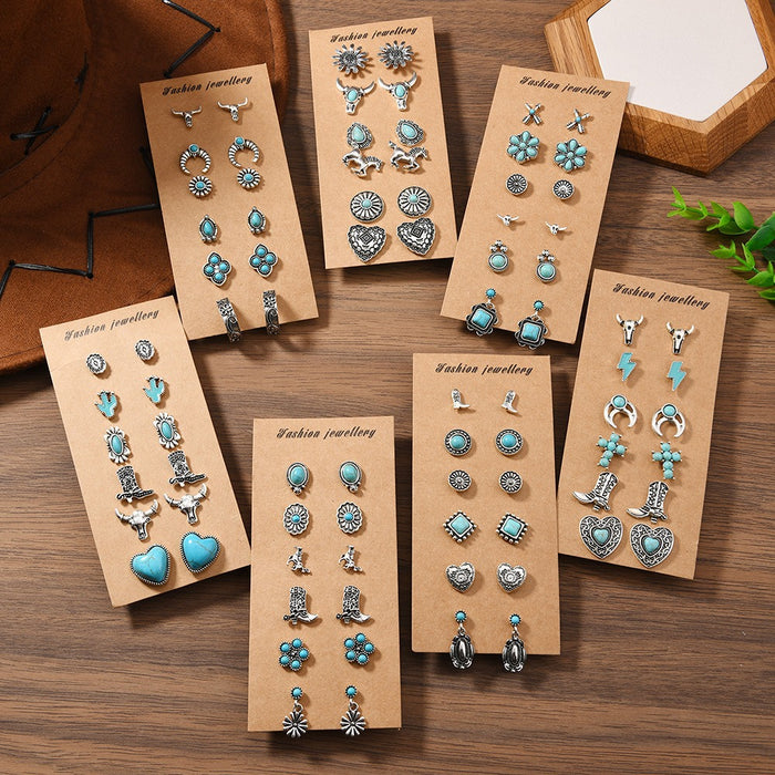 Wholesale Trendy Bohemian Turquoise Bull Head Flower Earrings For Women Alloy Handmade Jewelry Accessory Boutique Resale