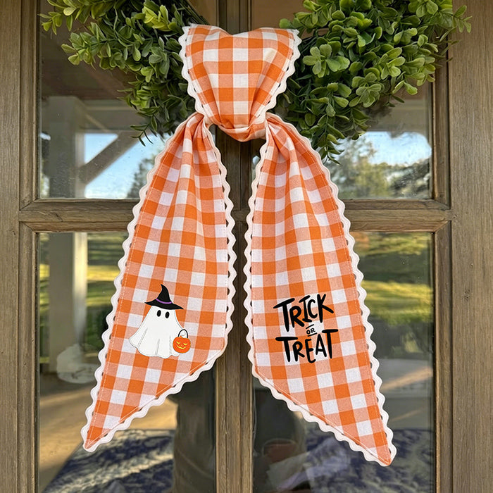 Wholesale  Plaid Ghost Trick Or Treat Wreath Door Hanging Decoration With Green Leaves For Party Home Decor