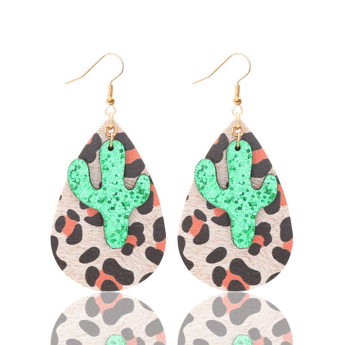 Wholesale Leopard Water Drop Shape Cactus Pendant PU Leather Earrings JDC-ES-YiTian011