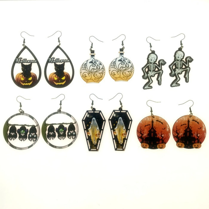 Wholesale Halloween Wooden Printing Skull Bat Pumpkin Ghost Earrings JDC-ES-Yinxue006