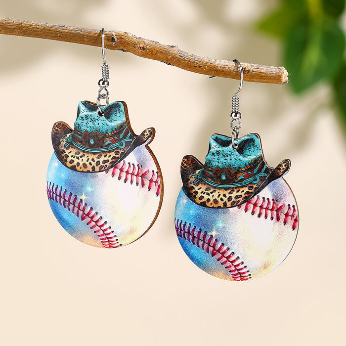 Wholesale Denim Hat Ball Wooden Pendant Earrings Rugby Football Volleyball Earrings Gifts