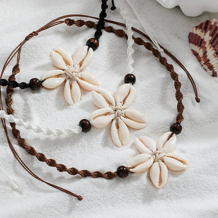 Wholesale Vacation style shell weaving flower wood bead rope weaving adjustable necklace accessories