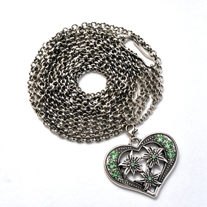 Wholesale Retro Edelweiss Long Pendant Necklace Red Heart Shaped Alloy Charm Bavarian Beer Festival Style Layered Fashion Jewelry Accessory