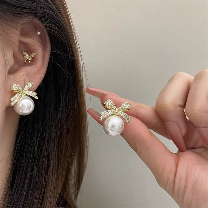 Wholesale Full Diamond Bow Pearl Earrings Female