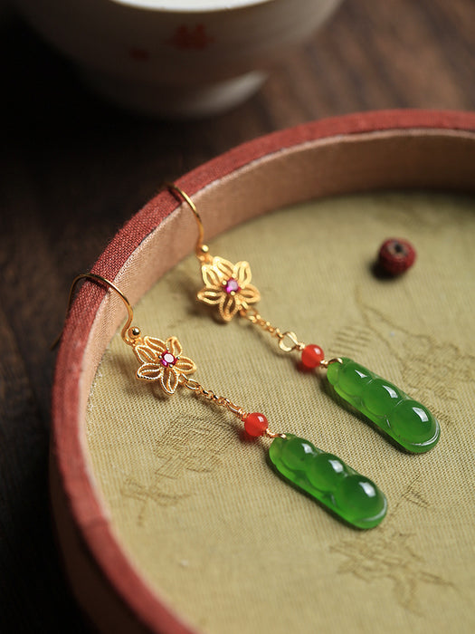Wholesale Pure silver antique gold flower inlaid long tassel jade earrings earrings earrings earrings earrings