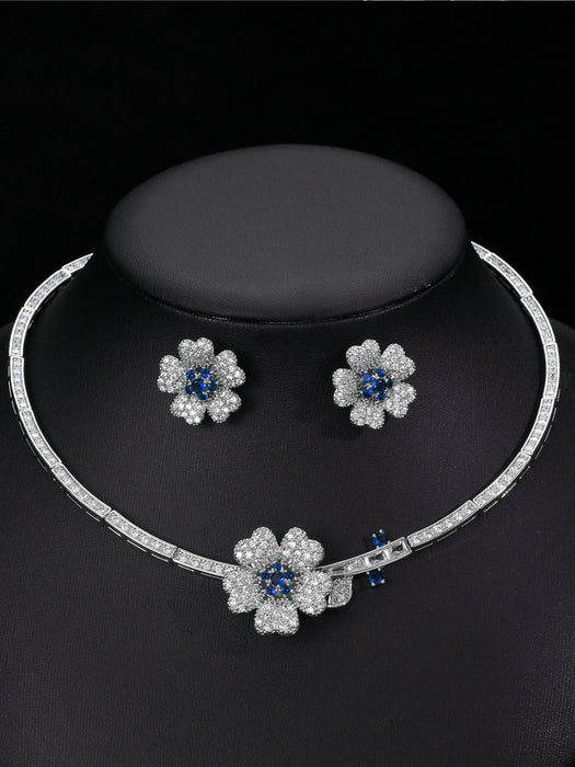 Wholesale Fashion Simple Camellia Zircon Jewelry suit Earrings Necklace suit Accessories
