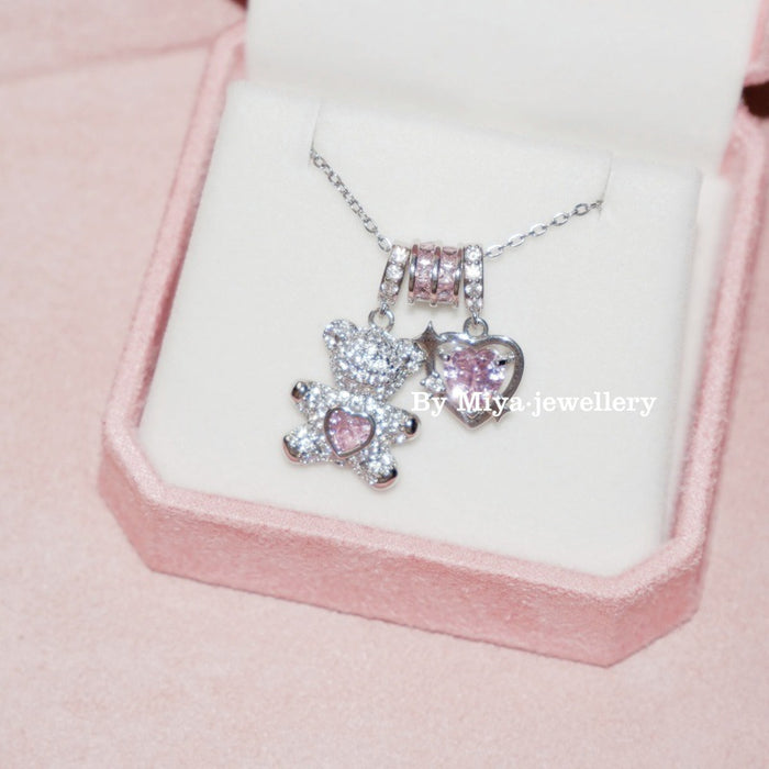 Wholesale Cute little bear pink zircon heart necklace