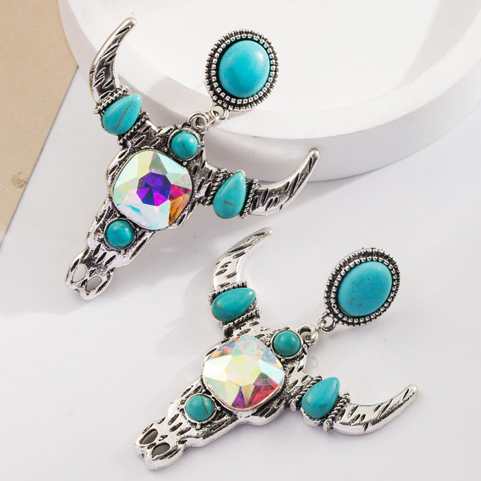 Wholesale Turquoise milk-textured leather earrings with diamonds and openwork design