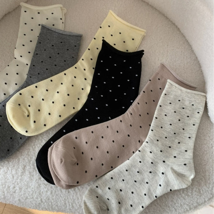 Wholesale Curled edge polka dot socks, mid tube socks, stacked socks, mid tube socks