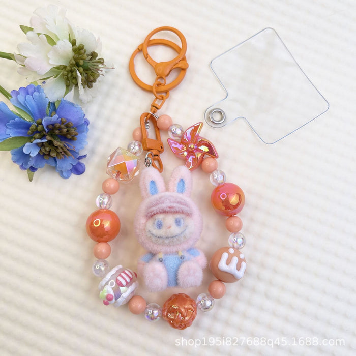 Wholesale Flocked kitten fun girly colorful beaded mobile phone chain keychain bag doll pendant accessories