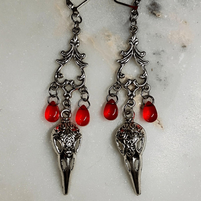 Wholesale Gothic Skull Crow Red Teardrop Dangle Earrings Dark  Party Jewelry Fashion Accessory Boutique Resale