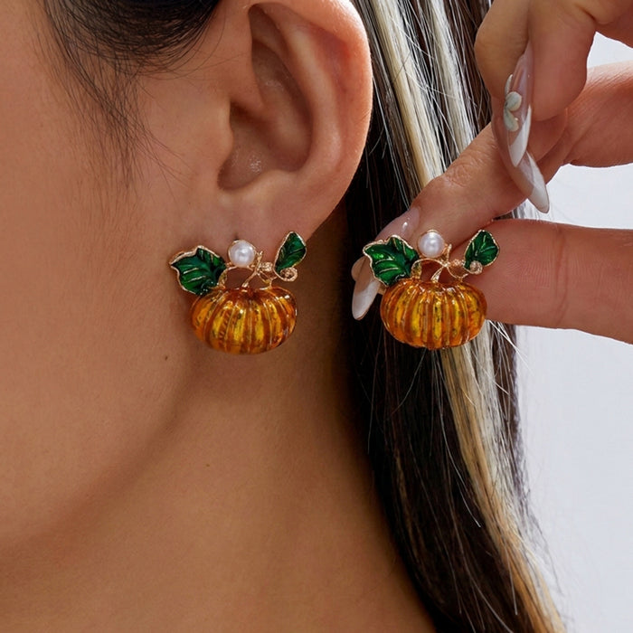 Wholesale Funny Cartoon Pumpkin Earrings Creative Graffiti Design With Pearl And Rhinestone Accents Women S Alloy Fashion Accessory