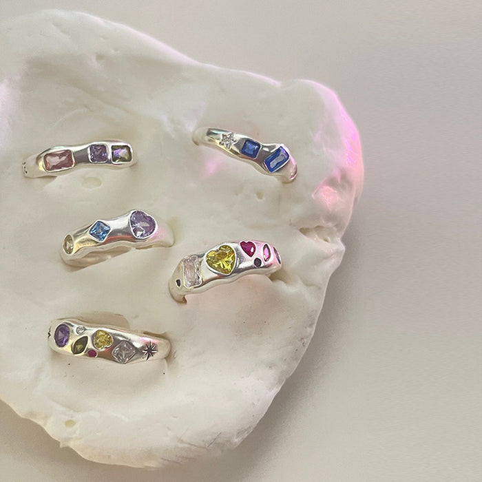 Wholesale Irregular alloy metal colored zircon heart ring, niche retro personality, simple and versatile temperament ring