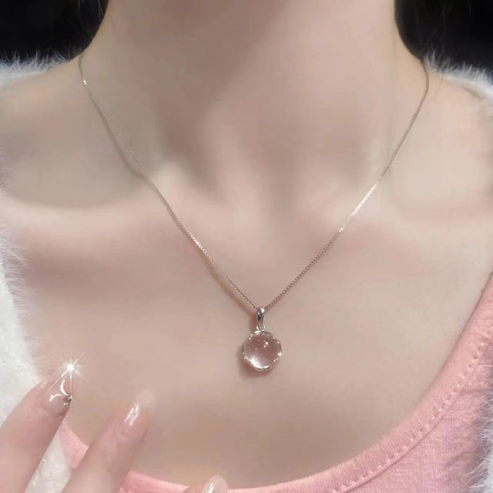 Wholesale Pink chalcedony crystal pendant necklace, round pendant necklace, fashionable and personalized temperament accessory