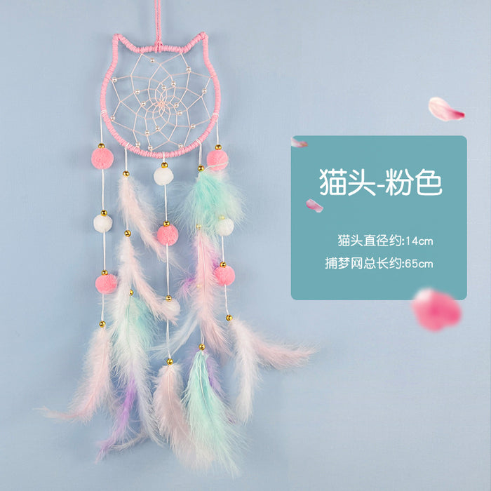 Wholesale Cat Head Dreamcatcher Hanging Ornament Handmade Pink Feather Decor MOQ≥2