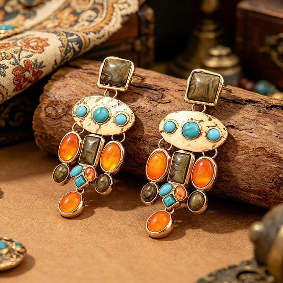 Wholesale Ethnic Style Turquoise Tassel Earrings Creative Vintage Earrings Long Style with Inlaid Turquoise