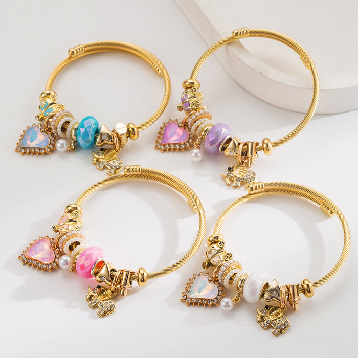 Wholesale Trendy Elephant Heart Pendant Bracelet Pink Alloy Diamond Set Adjustable Jewelry Accessory