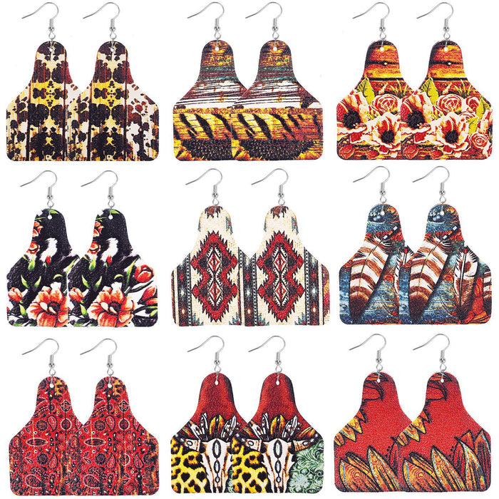 Wholesale Retro Western Cowboy Old Style Flower Bull Head Ethnic Style Print Women' s Leather Earrings