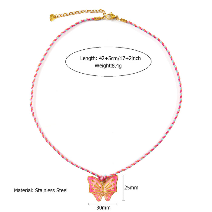 Wholesale Handmade New Original Design Colorful Cotton Rope Necklace with Stainless Steel Drip Oil Pendant Butterfly Fashion Pendant