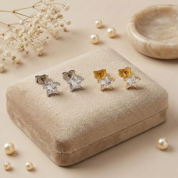 Wholesale Titanium steel Star Zircon Stud Earrings — Gold-Tone Five-Pointed Star Earrings with Diamond Accents