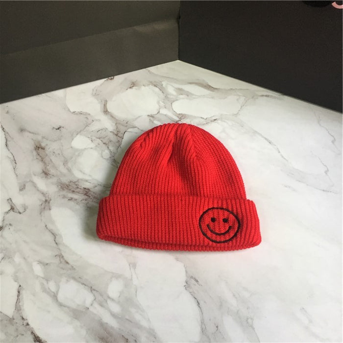 Wholesale Smiley Face Embroidery Solid Color Acrylic Knitted Wool Hat JDC-FH-YBQX006