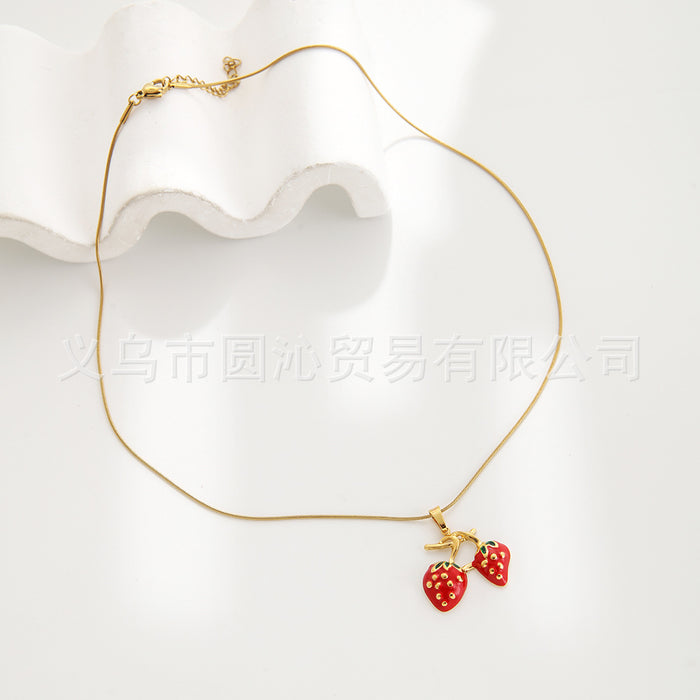 Wholesale Sweet fruit series strawberry cherry oil drop pendant stainless steel earrings necklace jewelry suit