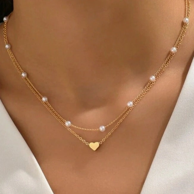 Wholesale Pearl Love Necklace Versatile Multi layer Stacked Collarbone Chain Retro Simple Round Pendant Item Jewelry