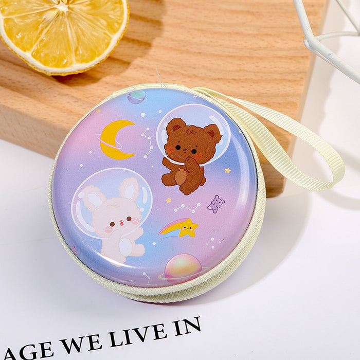 Wholesale Creative Round Tinplate Coin Purse Mini Cartoon Zipper Data Cable Storage Bag Headset Keychain Small Wallet