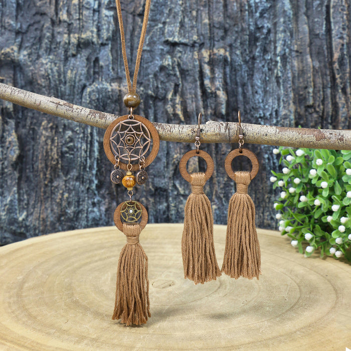 Wholesale Bohemian Dreamcatcher Tassel Earrings and Wooden Pendant Necklace Set