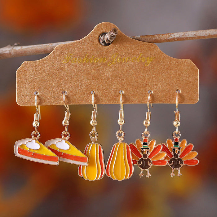 Wholesale Thanksgiving Turkey Pumpkin Earring Set Creative Sandwich Pine Cone Oil Drop Jewelry for Women