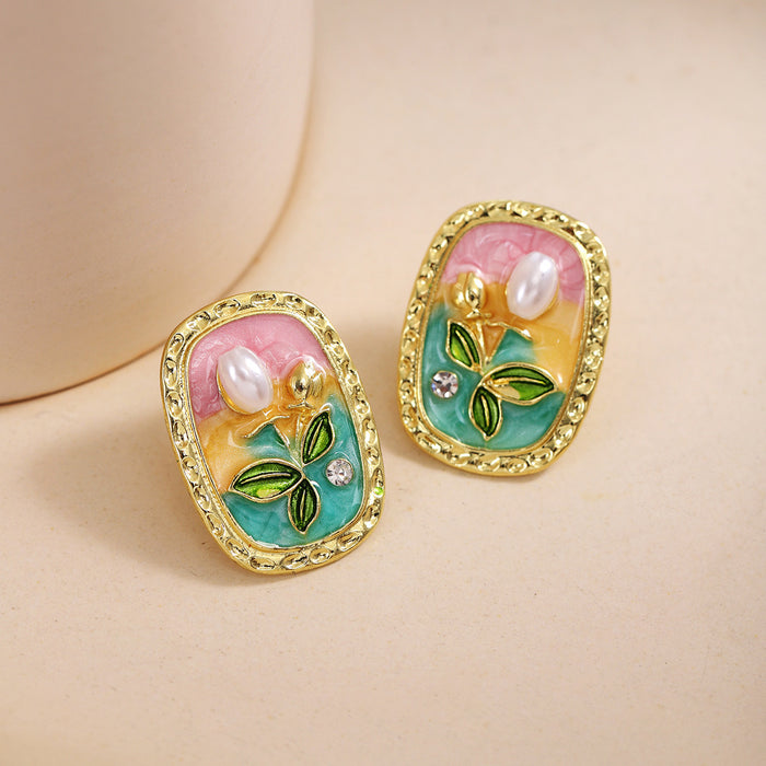 Wholesale Retro Zinc Alloy Earrings with Green Flower Design Jewelry Accessory