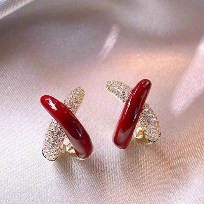 Wholesale Cross Red Drip Oil Copper Micropaved Zirconia Stud Earrings JDC-ES-QLX073