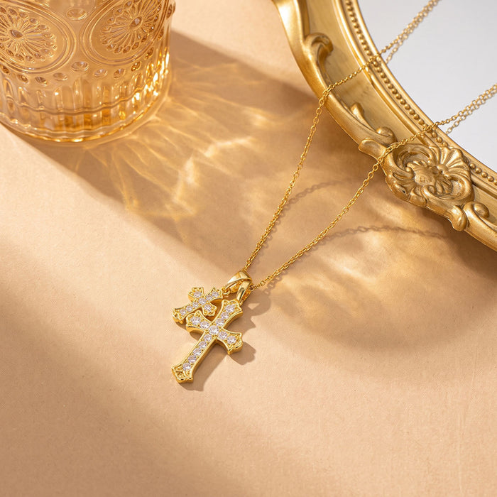Wholesale Stylish Titanium Steel Double Cross Necklace Gold Plated Zircon Inlaid Boutique Jewelry Accessory MOQ≥2